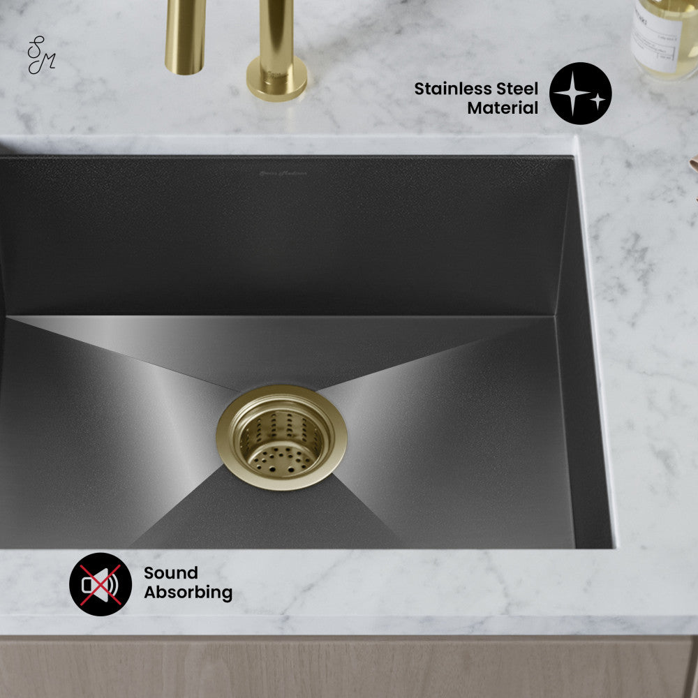 21x18 black stainless steel undermount kitchen sink, single basin with gold drain and marble countertop.
