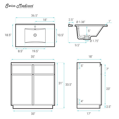 St. Tropez 36" Freestanding Bathroom Vanity in White Oak with Black Sink Top