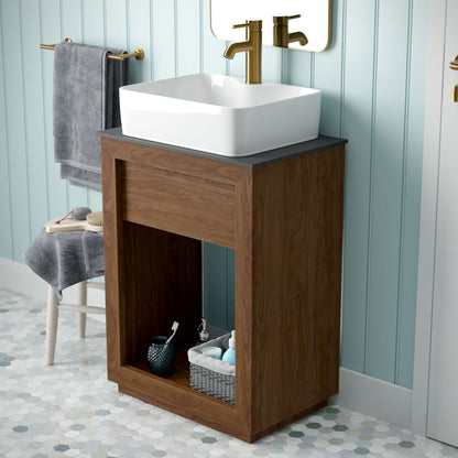 24-inch freestanding reclaimed wood bathroom vanity with walnut finish, slate countertop, single hole vessel sink.