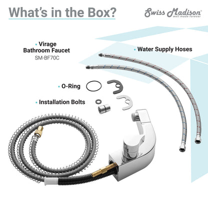 Single-handle bathroom faucet in chrome with water supply hoses, O-ring, installation bolts, and pull-out spray hose.