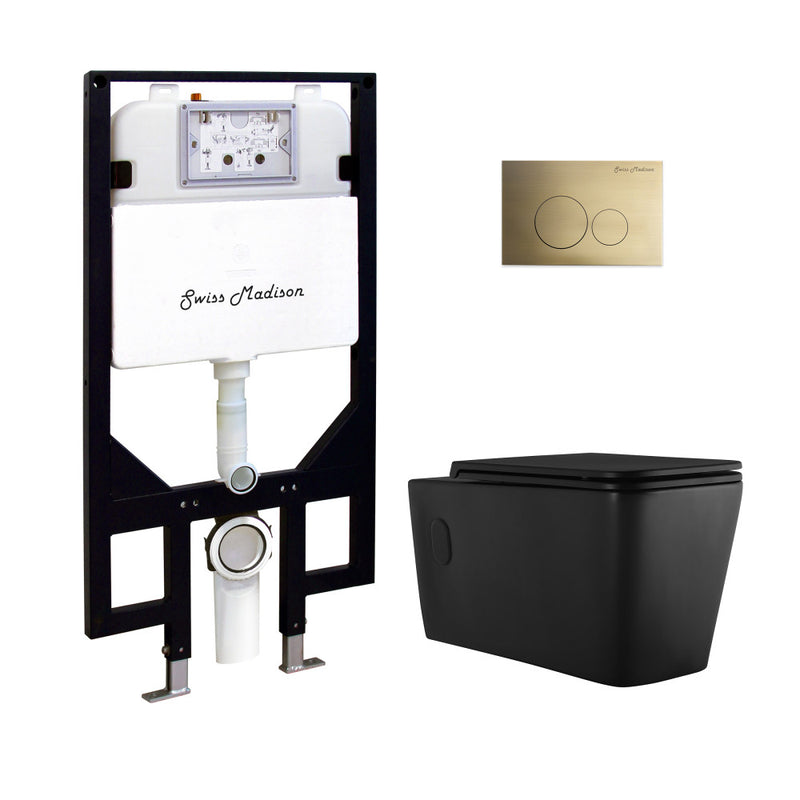 Concorde Wall-Hung Toilet Bundle 0.8/1.6 GPF Dual Flush in Matte Black with Brass Flush Plate