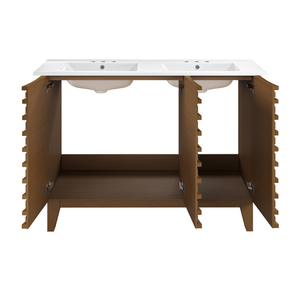 Cascade 48 in. Brown Oak, Double Basin Bathroom Vanity With White, 3-Hole Centerset Ceramic Sink Top