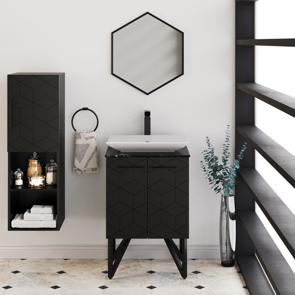 19-inch black vanity mirror with geometric hexagon shape, mounted above modern bathroom vanity.