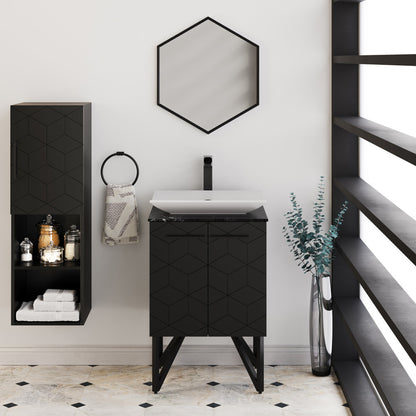 19-inch black vanity mirror with geometric hexagon shape, mounted above modern bathroom vanity.