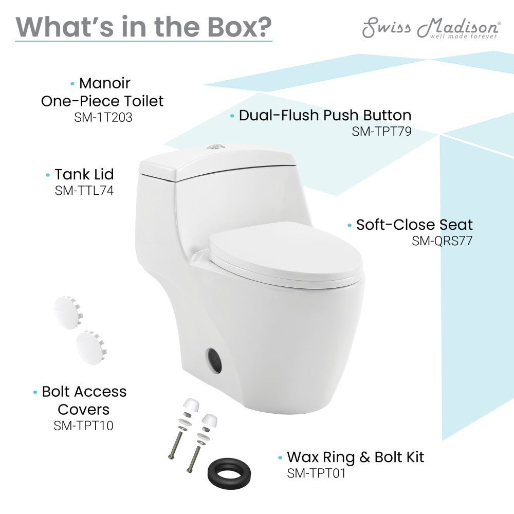 Elongated one-piece toilet with dual-flush push button and soft-close seat, white ceramic.