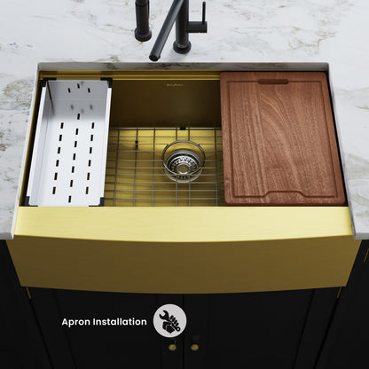Tourner 33 x 22 Stainless Steel, Single Basin, Farmhouse Kitchen Workstation Sink with Apron in Gold