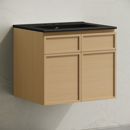 St. Tropez 24" Wall-Mounted Bathroom Vanity in Natural Oak with Black 3-Hole Widespread Sink Top