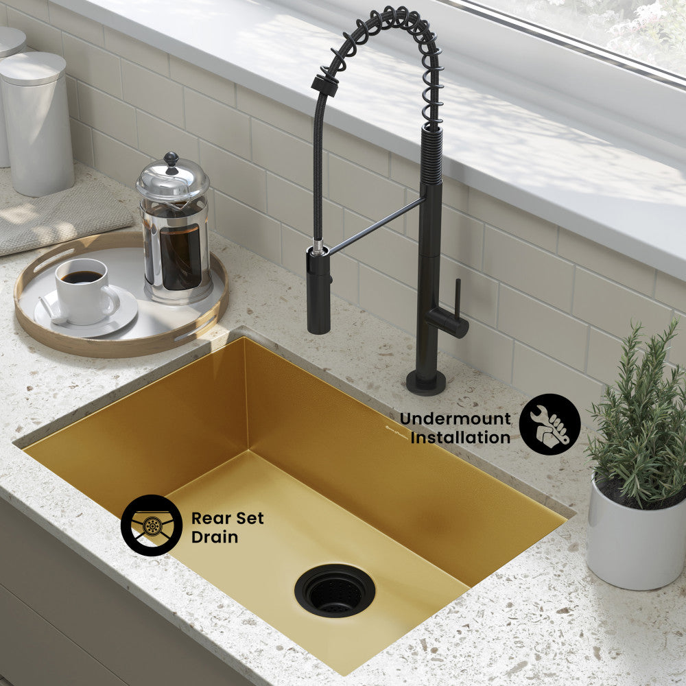 Tourner 26 x 18 Stainless Steel, Single Basin, Undermount Kitchen Sink, Gold