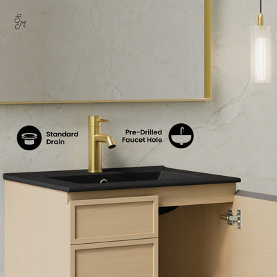 St. Tropez 24" Wall-Mounted Bathroom Vanity in Natural Oak with Black Sink Top