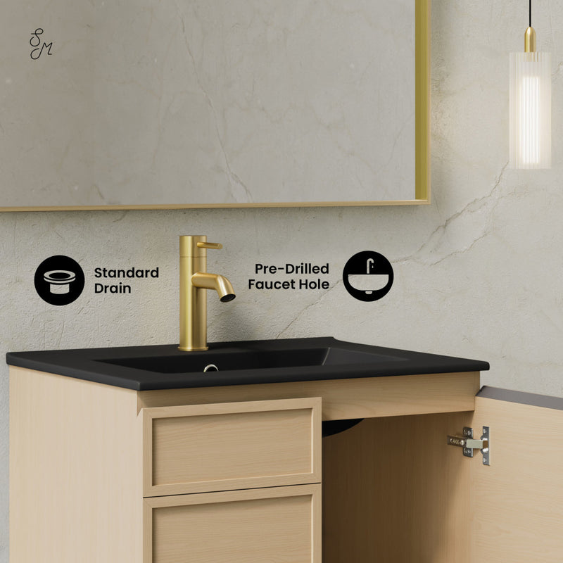 St. Tropez 24" Wall-Mounted Bathroom Vanity in Natural Oak with Black Sink Top