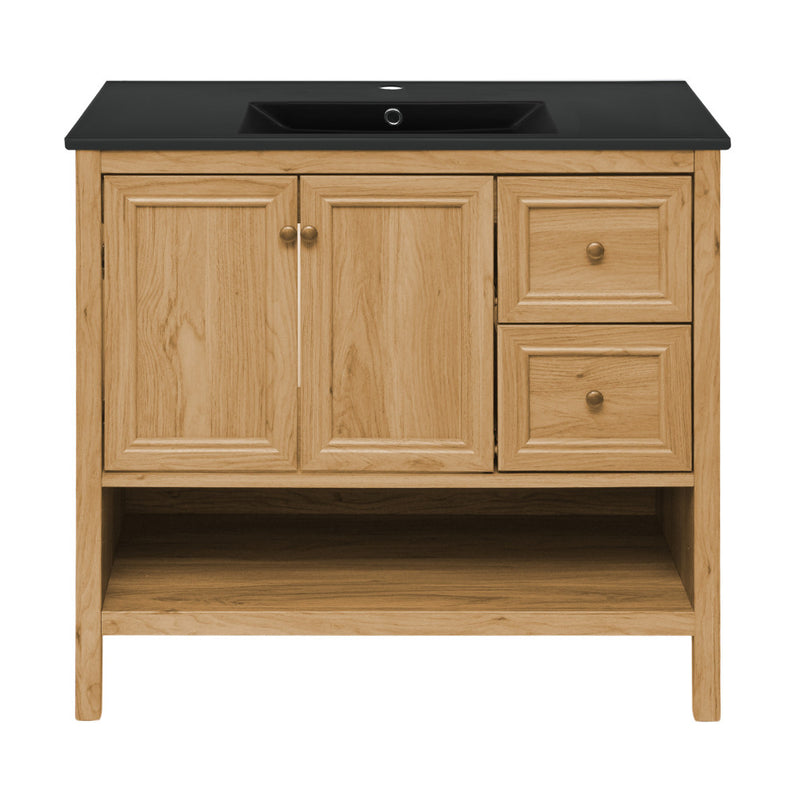 Château 36" Freestanding Bathroom Vanity in Golden Oak with Black Sink Top