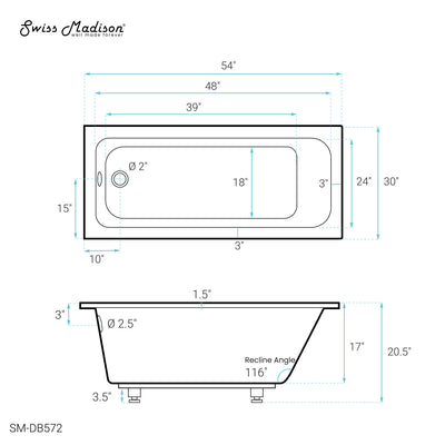 Voltaire 54" x 30" Reversible Drain Drop-In Bathtub