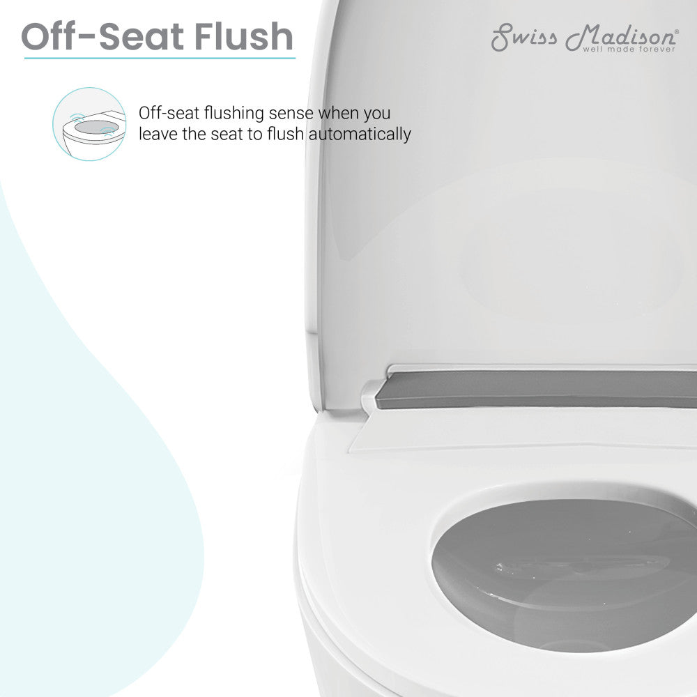 Wall-hung smart toilet with built-in bidet, off-seat automatic flush, sleek white design.