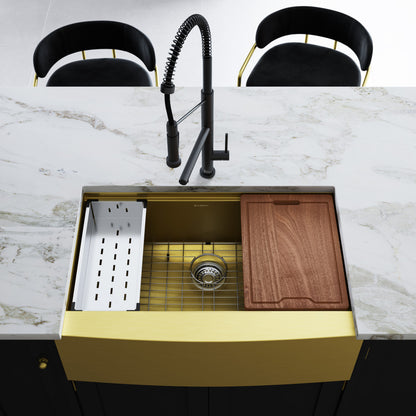 33 x 22-inch farmhouse kitchen sink in gold stainless steel with single basin, drain rack, and wooden cutting board.