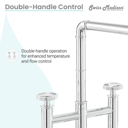 Widespread kitchen faucet in chrome with double-handle control and high-arc spout.