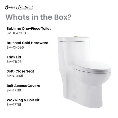 Sublime One Piece Elongated Toilet Dual Flush, Brushed Gold Hardware 1.1/1.6 gpf