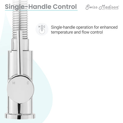 Single-handle pull-down kitchen faucet in chrome with flexible spring spout and round control knob.