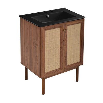 Classe 24 in. Brown Oak Bathroom Vanity With Black, 3-Hole Ceramic Sink Top