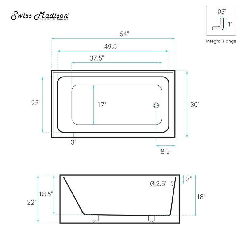 Voltaire 54 x 30 Skirted Right Drain Soaking Alcove Bathtub in Glossy White