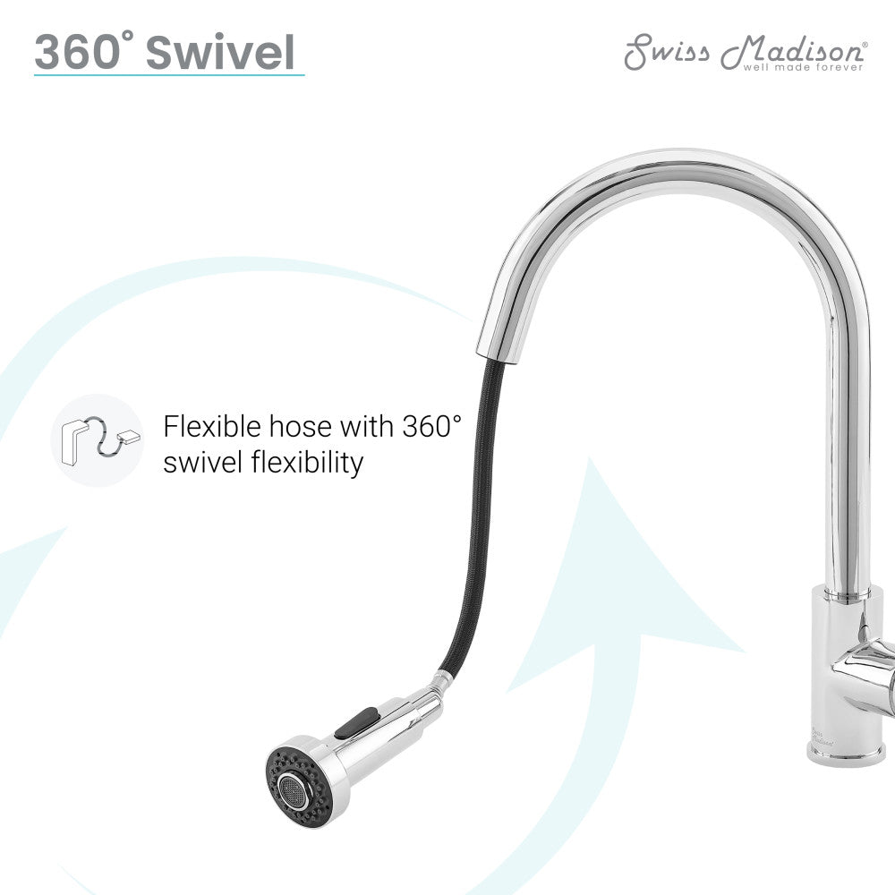 Pull-down single handle kitchen faucet in chrome with flexible hose and 360-degree swivel.