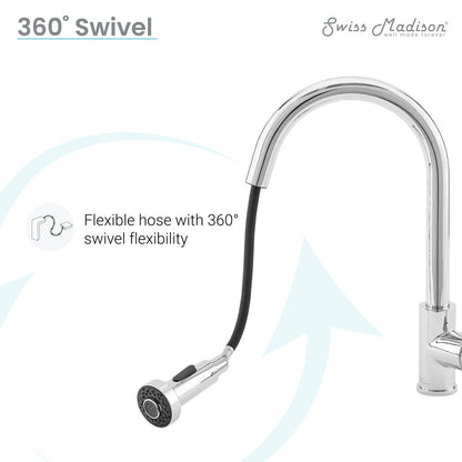 Pull-down single handle kitchen faucet in chrome with flexible hose and 360-degree swivel.