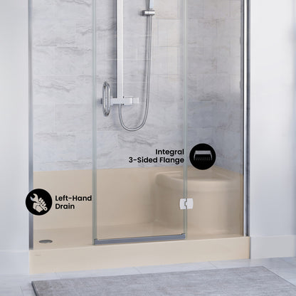 Aquatique 60" x 32" Single Threshold Shower Base With Left Hand Drain and Integral Right Hand Seat in Biscuit