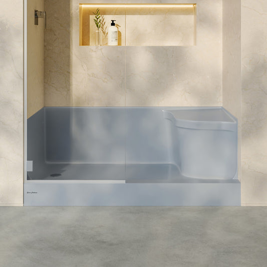 Aquatique 60" x 32" Single Threshold Shower Base With Left Hand Drain and Integral Right Hand Seat in Gray