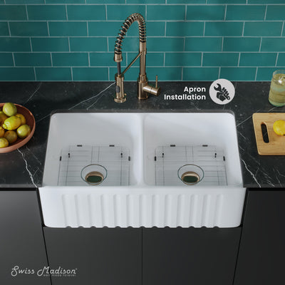 Delice 34" Double Basin Ceramic Farmhouse Kitchen Sink in Glossy White