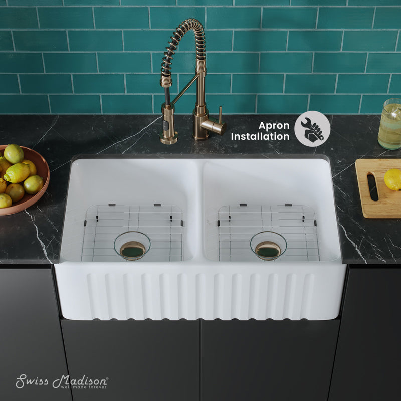 Delice 34" Double Basin Ceramic Farmhouse Kitchen Sink in Glossy White