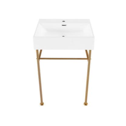 Claire 24 Ceramic Console Sink White Basin Brushed Gold Legs