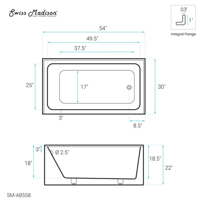 Voltaire 54" x 30" Right-Hand Drain Alcove Bathtub with Apron