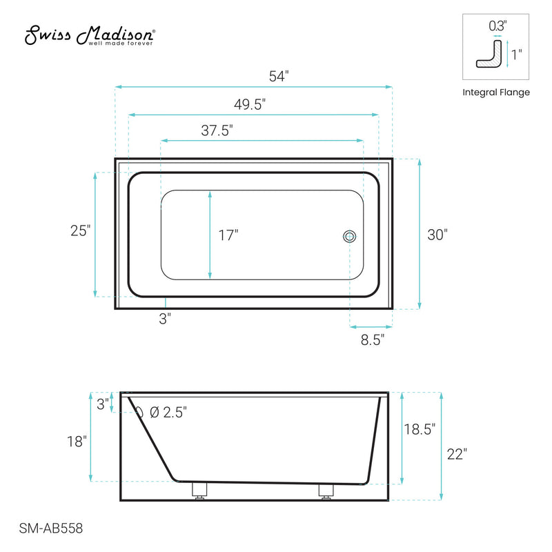 Voltaire 54" x 30" Right-Hand Drain Alcove Bathtub with Apron