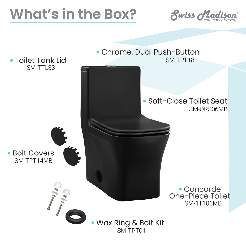 Elongated one-piece toilet in matte black with dual top flush and soft-close seat.