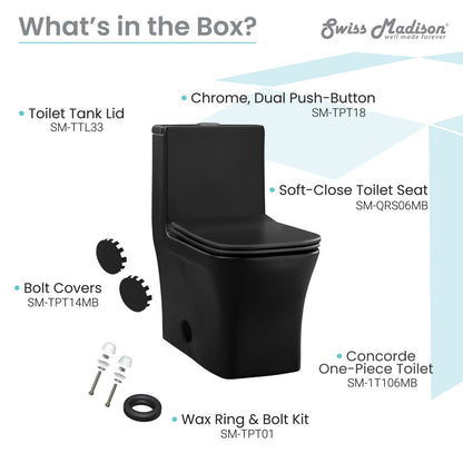 Elongated one-piece toilet in matte black with dual top flush and soft-close seat.