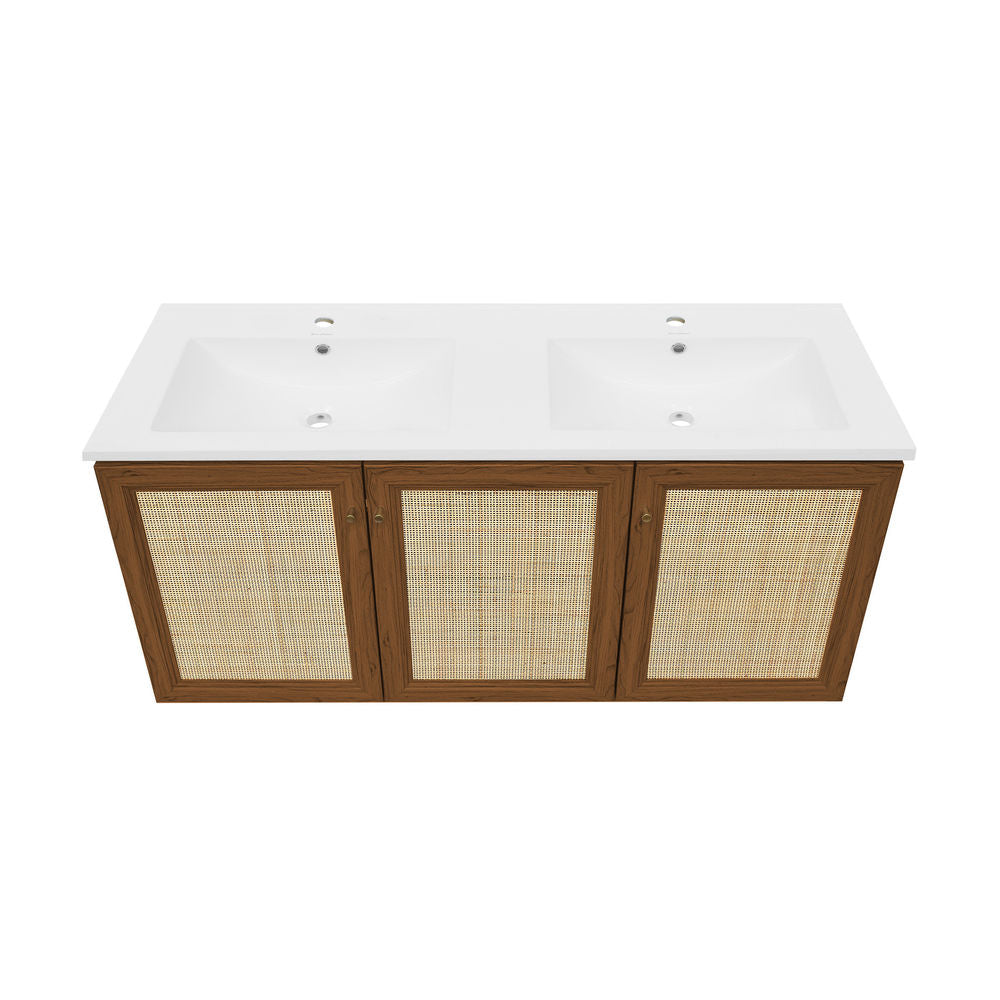 Classe 48" Wall-Mounted Bathroom Vanity in Brown Oak with Double Basin Sink Top