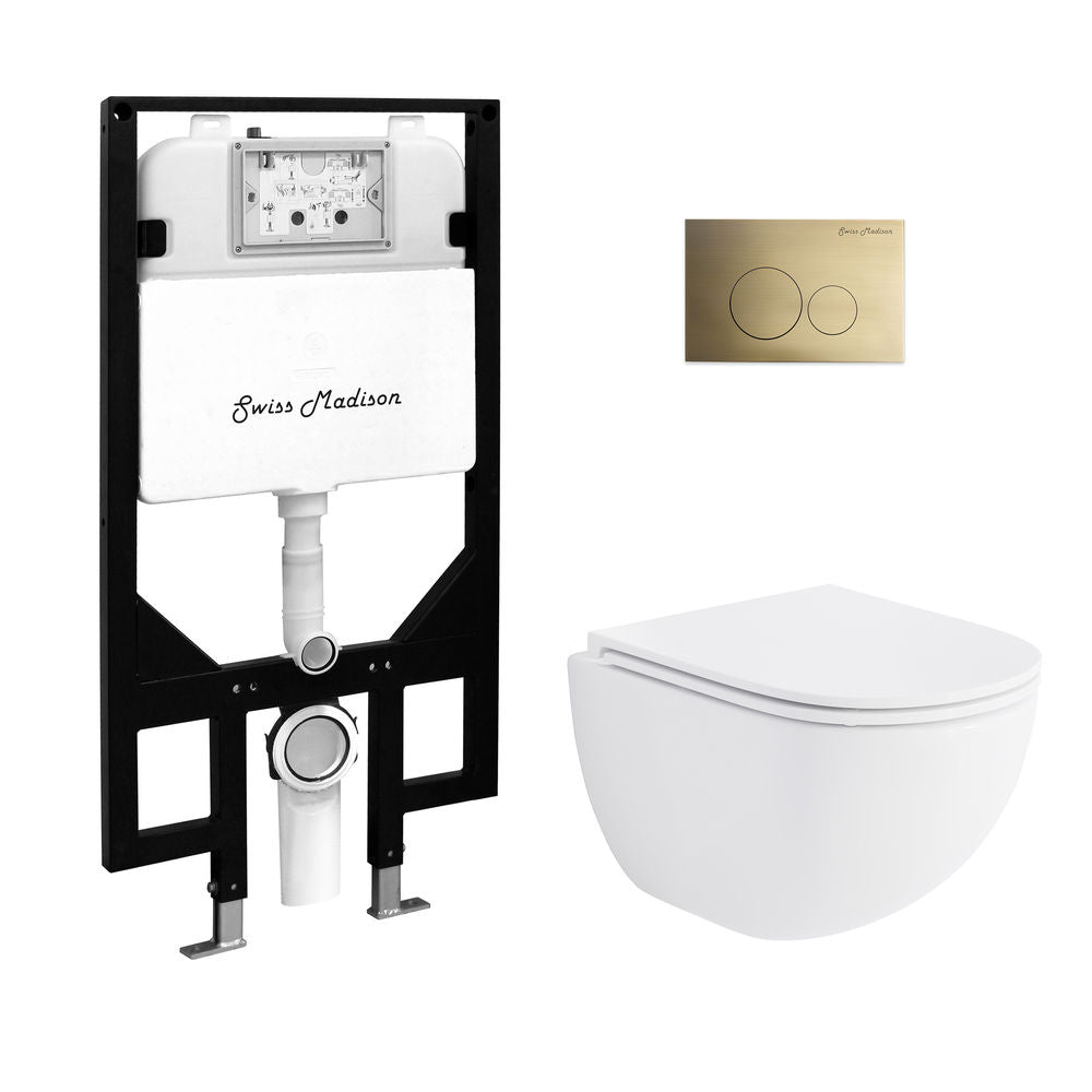 St. Tropez Wall-Hung Toilet Bundle 0.8/1.6 GPF Dual Flush in Glossy White with Brass Flush Plate