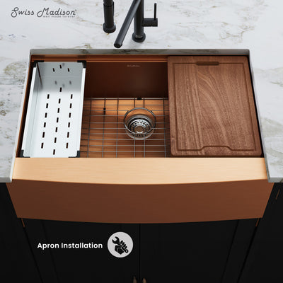 Tourner 33 x 22 Stainless Steel, Single Basin, Farmhouse Kitchen Workstation Sink with Apron in Rose Gold