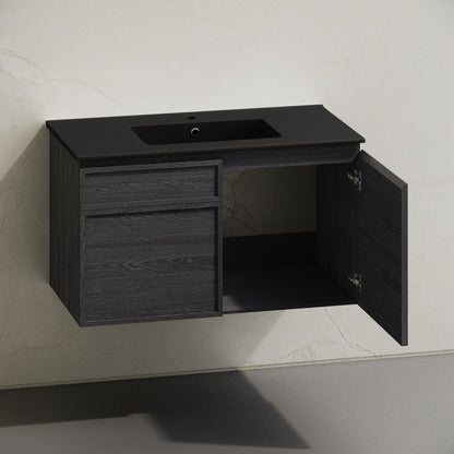 St. Tropez 36" Wall-Mounted Bathroom Vanity in Black Oak with Black Sink Top