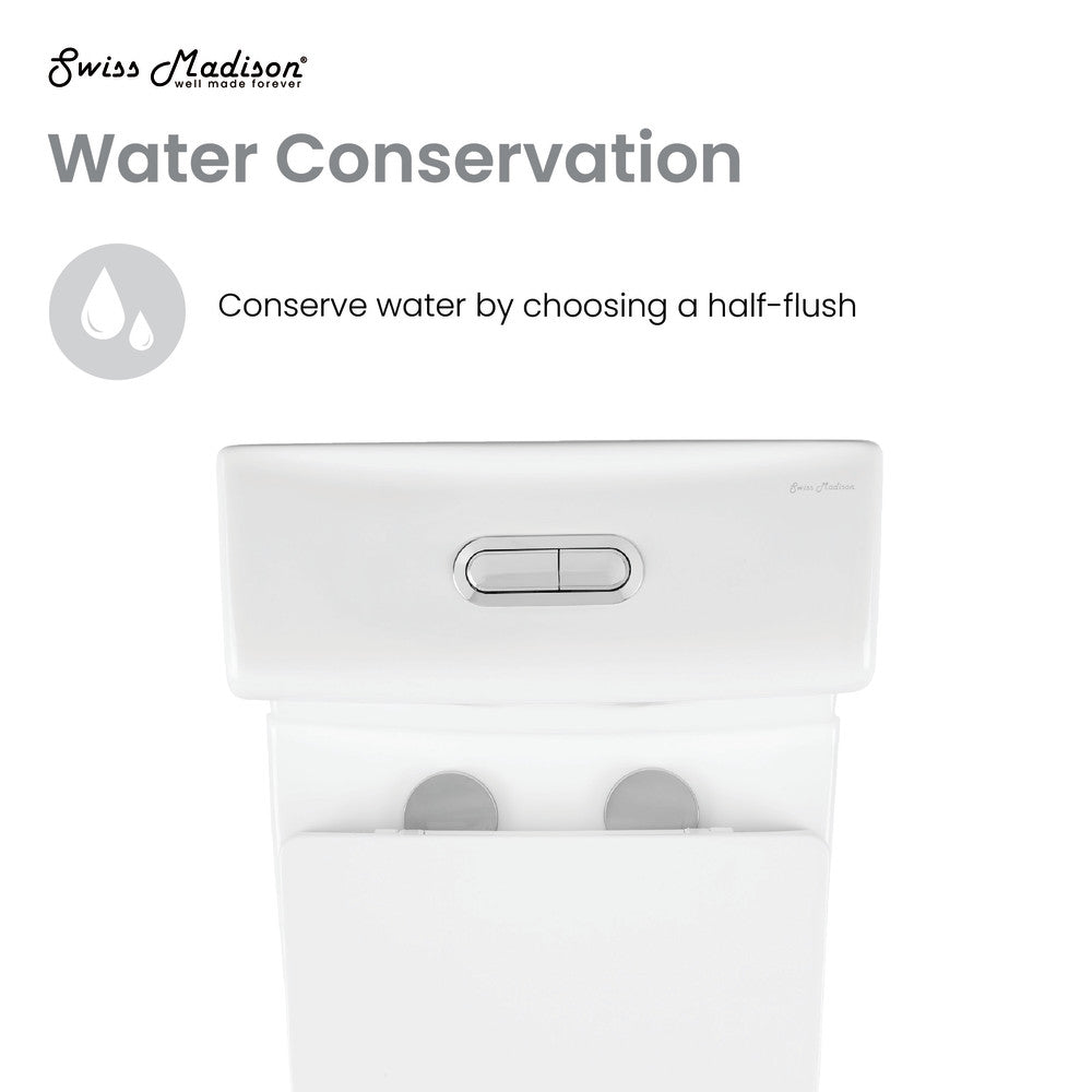 Elongated one-piece toilet with dual flush buttons, white ceramic, smooth design, water-saving model.