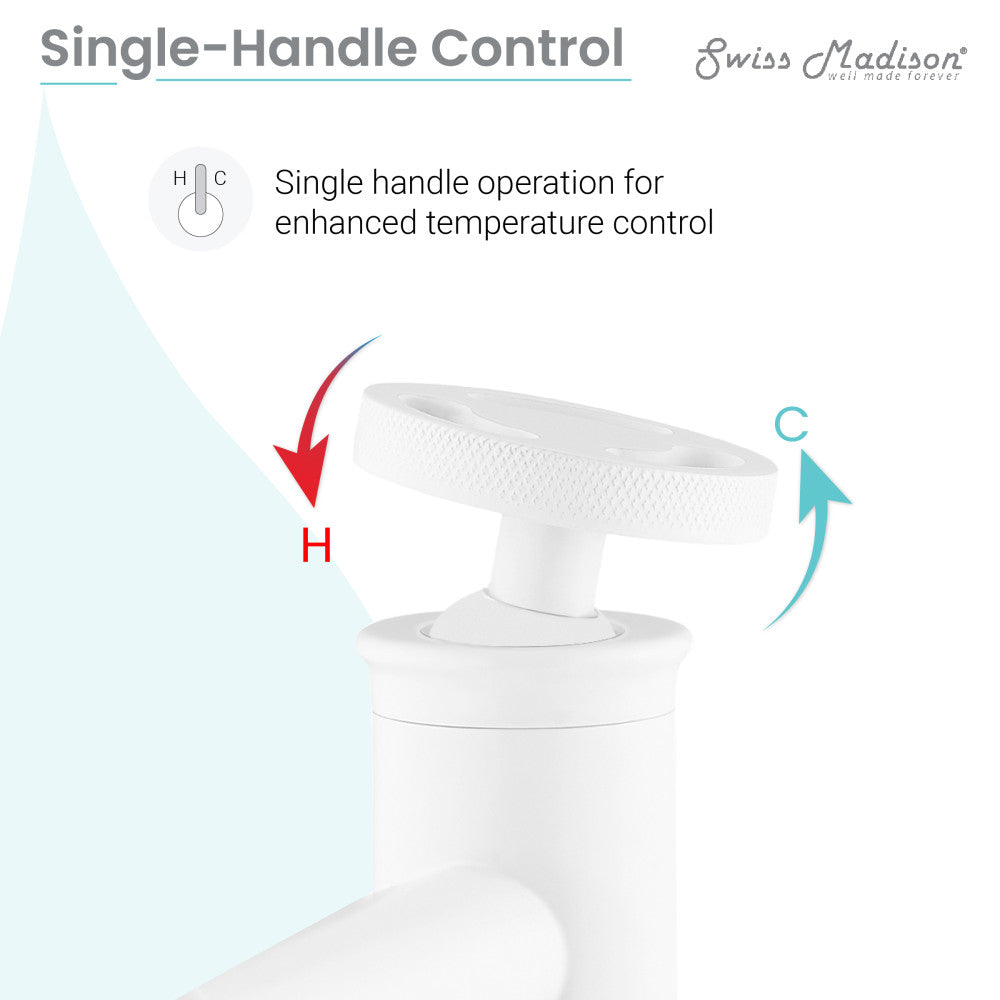 Single-handle bathroom faucet in matte white, wheel-style control handle.