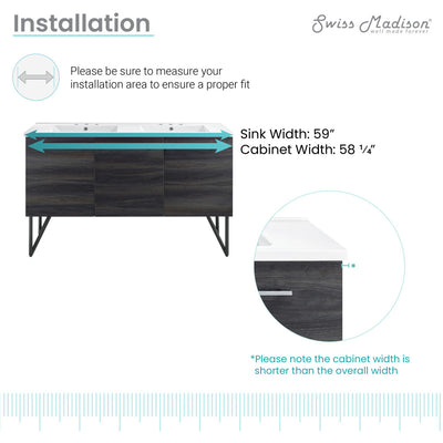 Annecy 60 in. Black Walnut, Double Basin Bathroom Vanity With White, 3-Hole Artificial Stone Sink Top