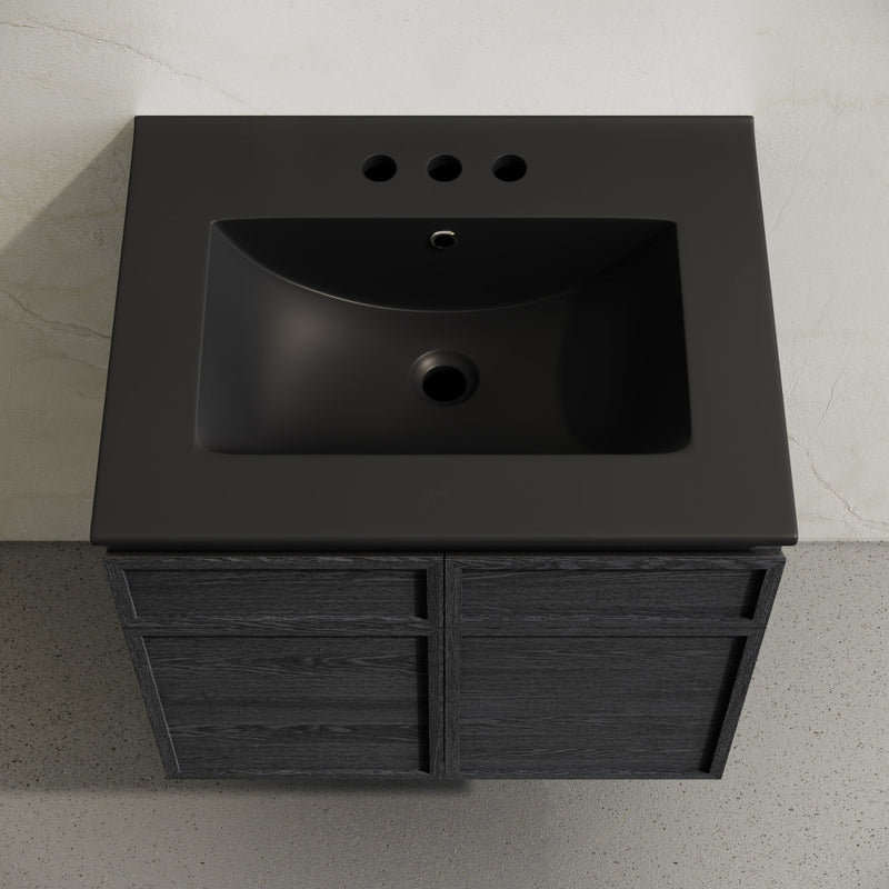 St. Tropez 24" Wall-Mounted Bathroom Vanity in Black Oak with Black 3-Hole Centerset Sink Top