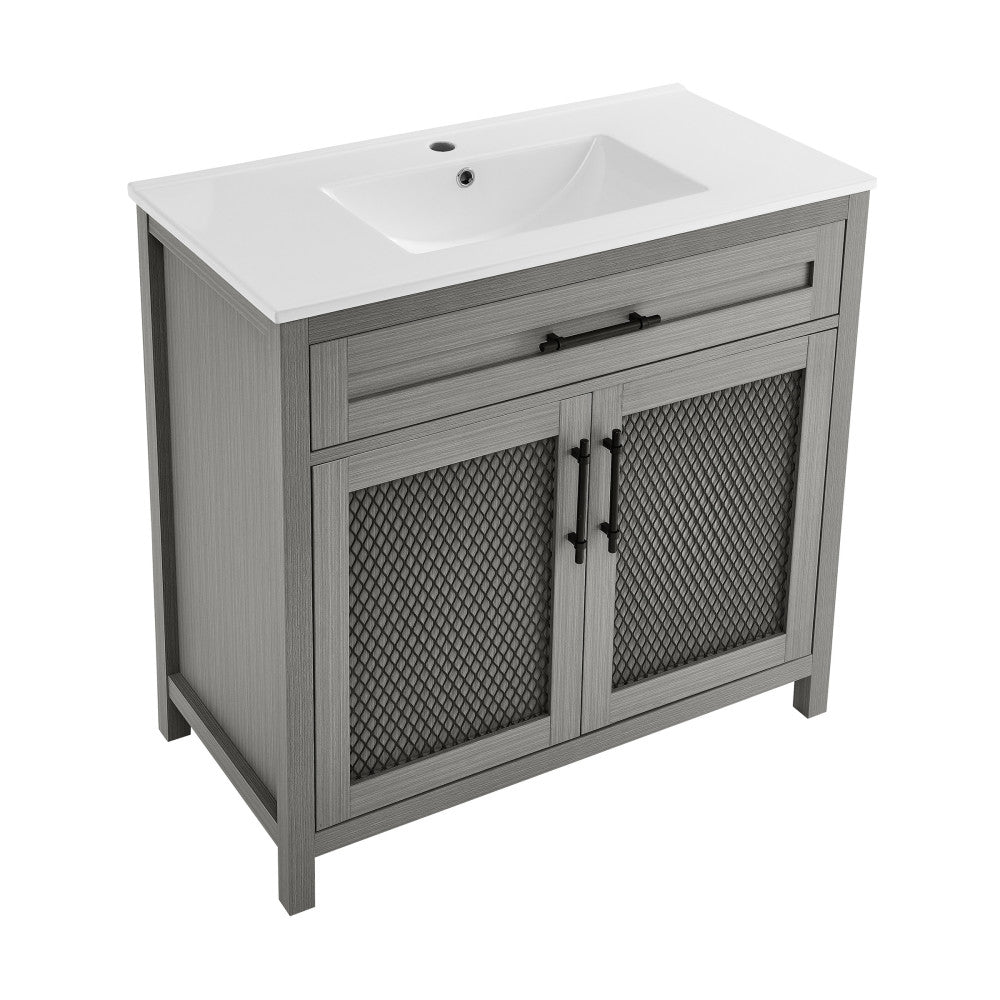 36-inch freestanding bathroom vanity in carbon gray, single sink, patterned cabinet doors, black handles.