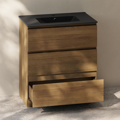 Liberte 30" Freestanding Bathroom Vanity in Brown Oak with Black Sink Top