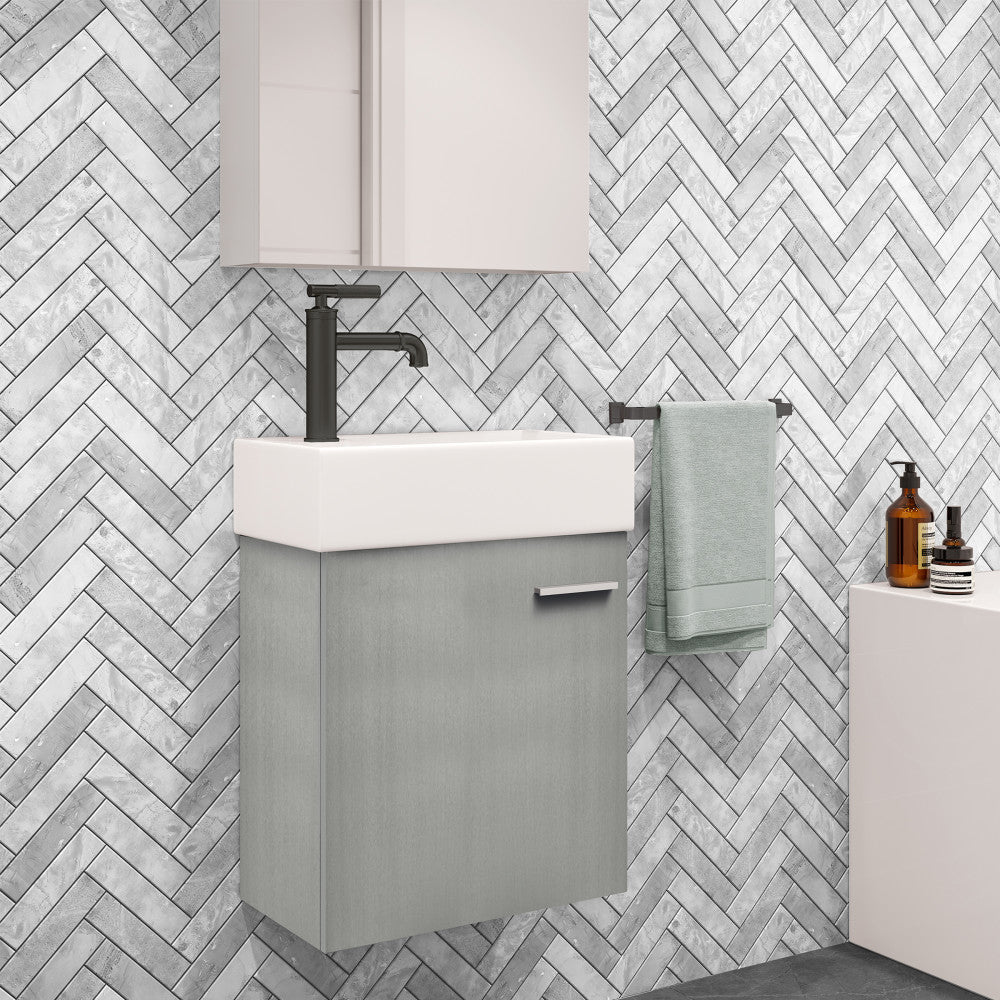 18-inch wall-mount bathroom vanity in brushed gray with one cabinet and single sink.