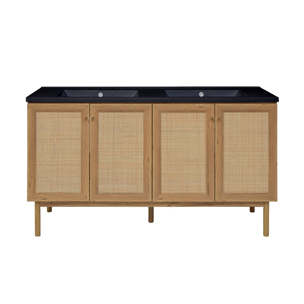 Classe 60" Freestanding Bathroom Vanity in Golden Oak with Black 3-Hole Widespread Double Basin Sink Top