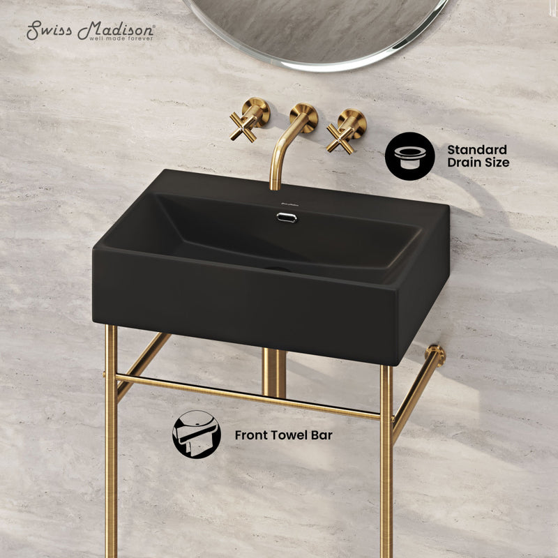 Claire 24" Rectangle Matte Black Zero Hole Console Sink with Brushed Gold Legs