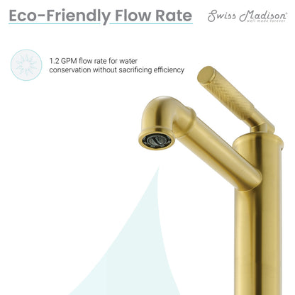 Single-handle bathroom faucet in brushed gold with sleek high arc spout and lever handle.