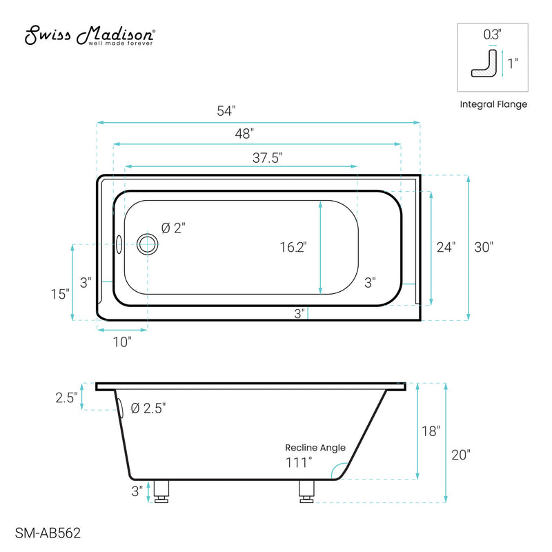 Voltaire 54" x 30" Acrylic Glossy White, Alcove, Integral Left-Hand Drain, Bathtub