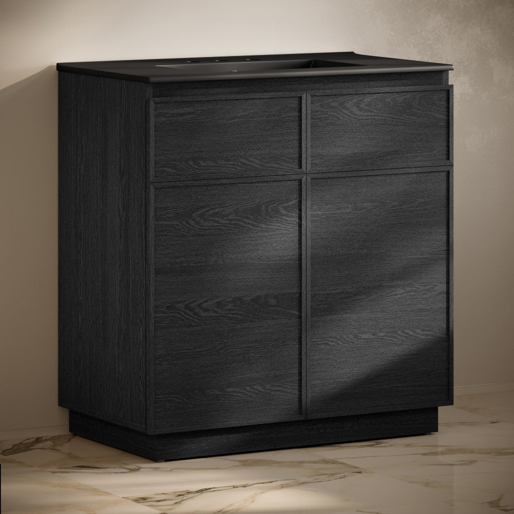 St. Tropez 36" Freestanding Bathroom Vanity in Black Oak with Black 3-Hole Widespread Sink Top